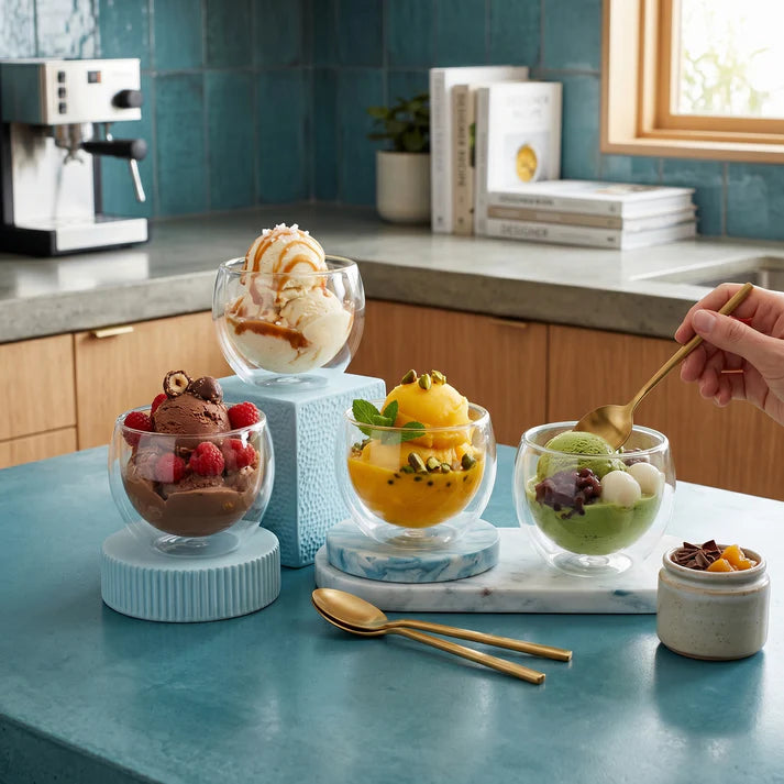 Ice Cream Double Glass Bowl Set- 4 Pcs-3-26-4*1-4080